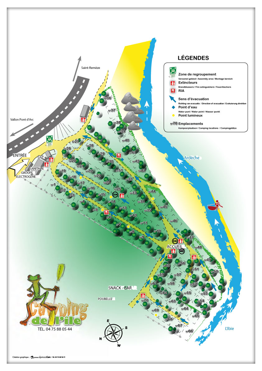 Map of camping de l&apos;île in ardèche at vallon-pont-d&apos;arc